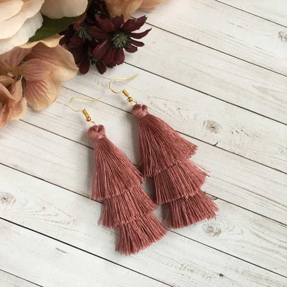 Tiered Tassel Drop Dusty Rose Dangle Earrings - Picture 2 of 8
